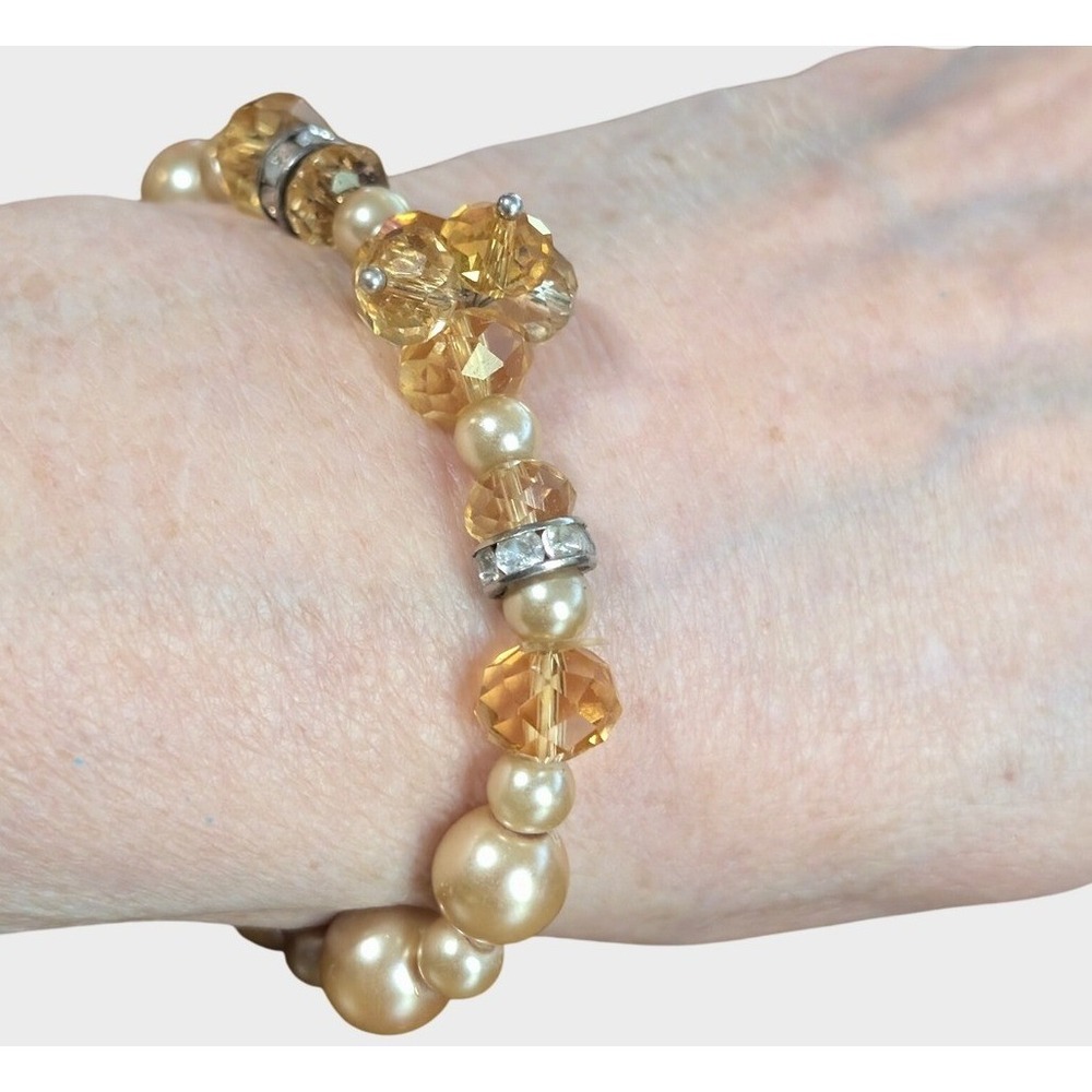 Vintage Champagne Faux Pearl Stretch Bracelet Amber Crystal Rhinestone